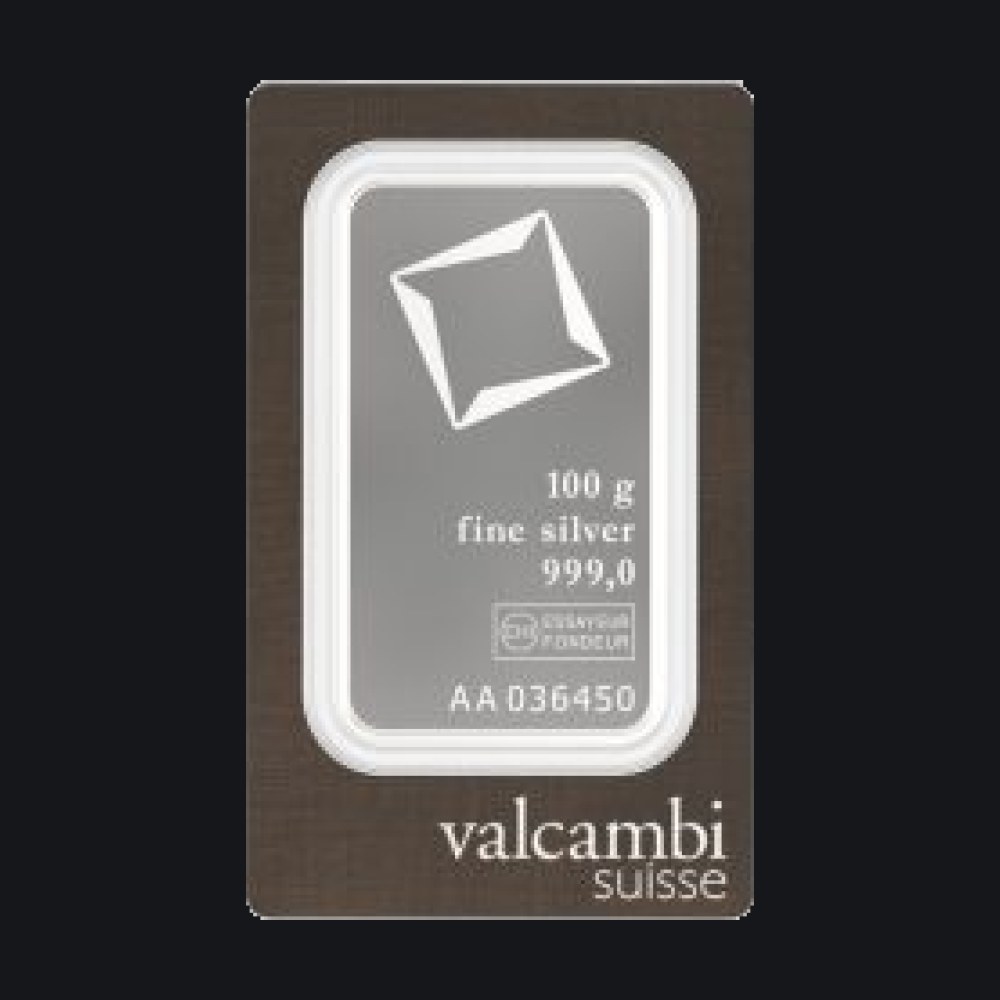Valcambi Suisse silver minted bar 100 g (999)